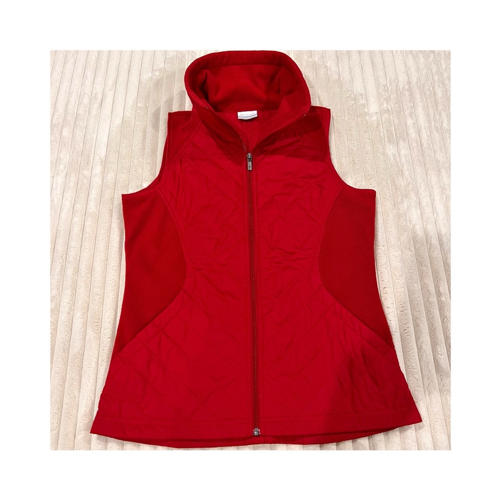 Columbia Red Quilted Fleece Stand Collar Full Zip Front Women’s Size Small